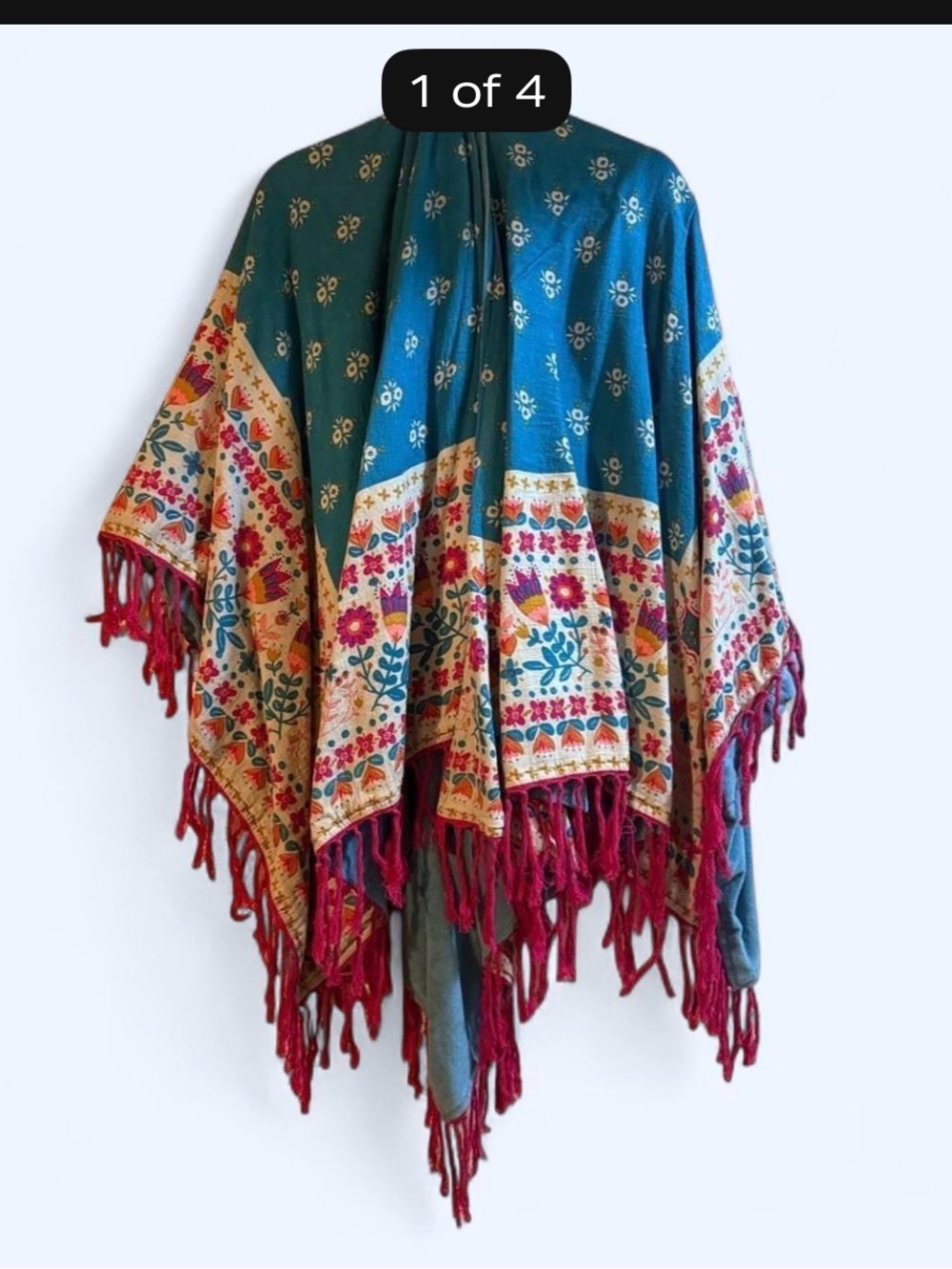 NATURAL LIFE Teal Boho Floral Fringe poncho Cover with Fuchsia Trim